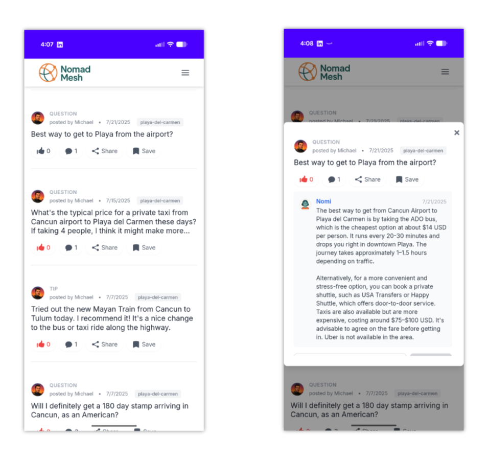 Screenshot of NomadMesh updated mobile interface