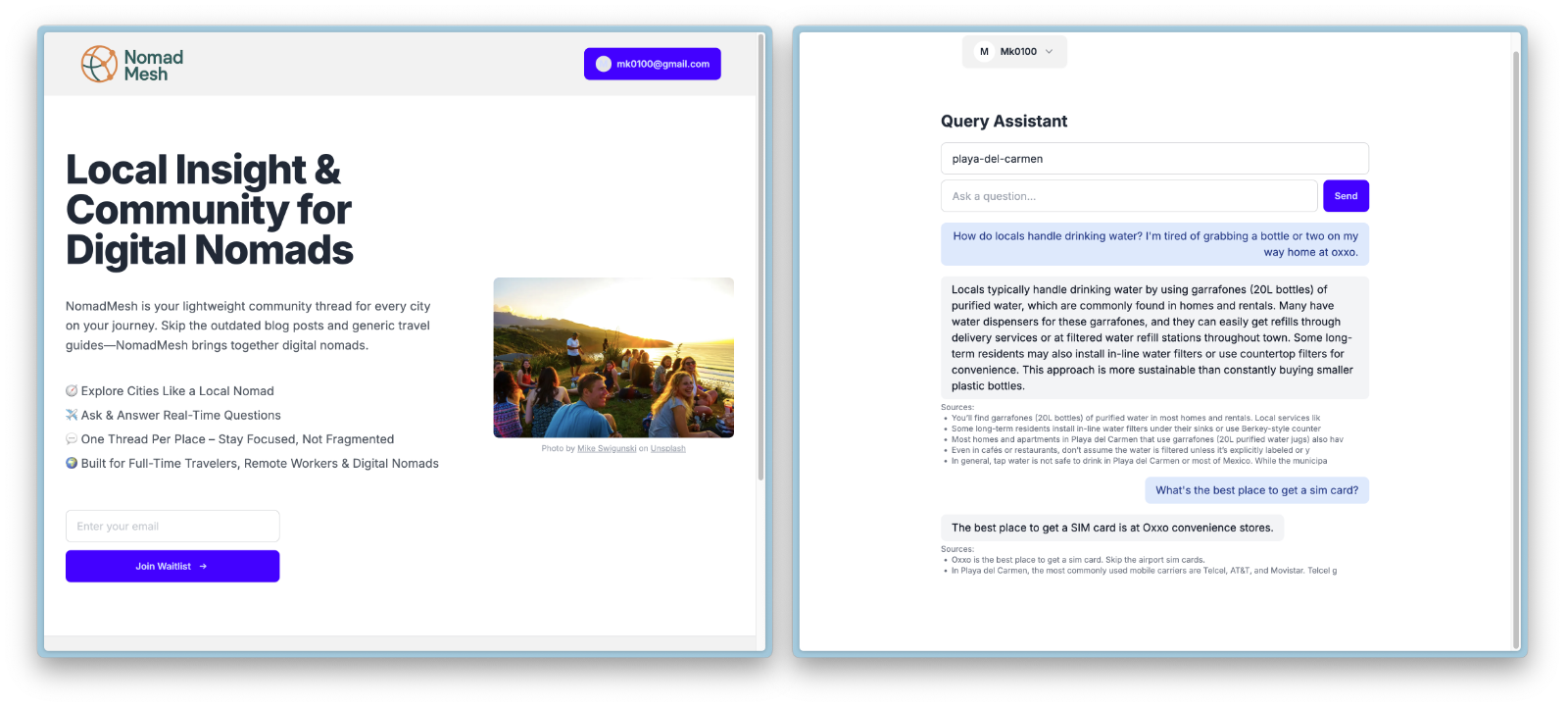 Screenshot of AI assistant returning location-specific results using OpenAI and pgvector
